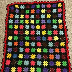 Vintage Handmade Black Granny Square Afghan Multi-Colors Throw Blanket 38 x 52